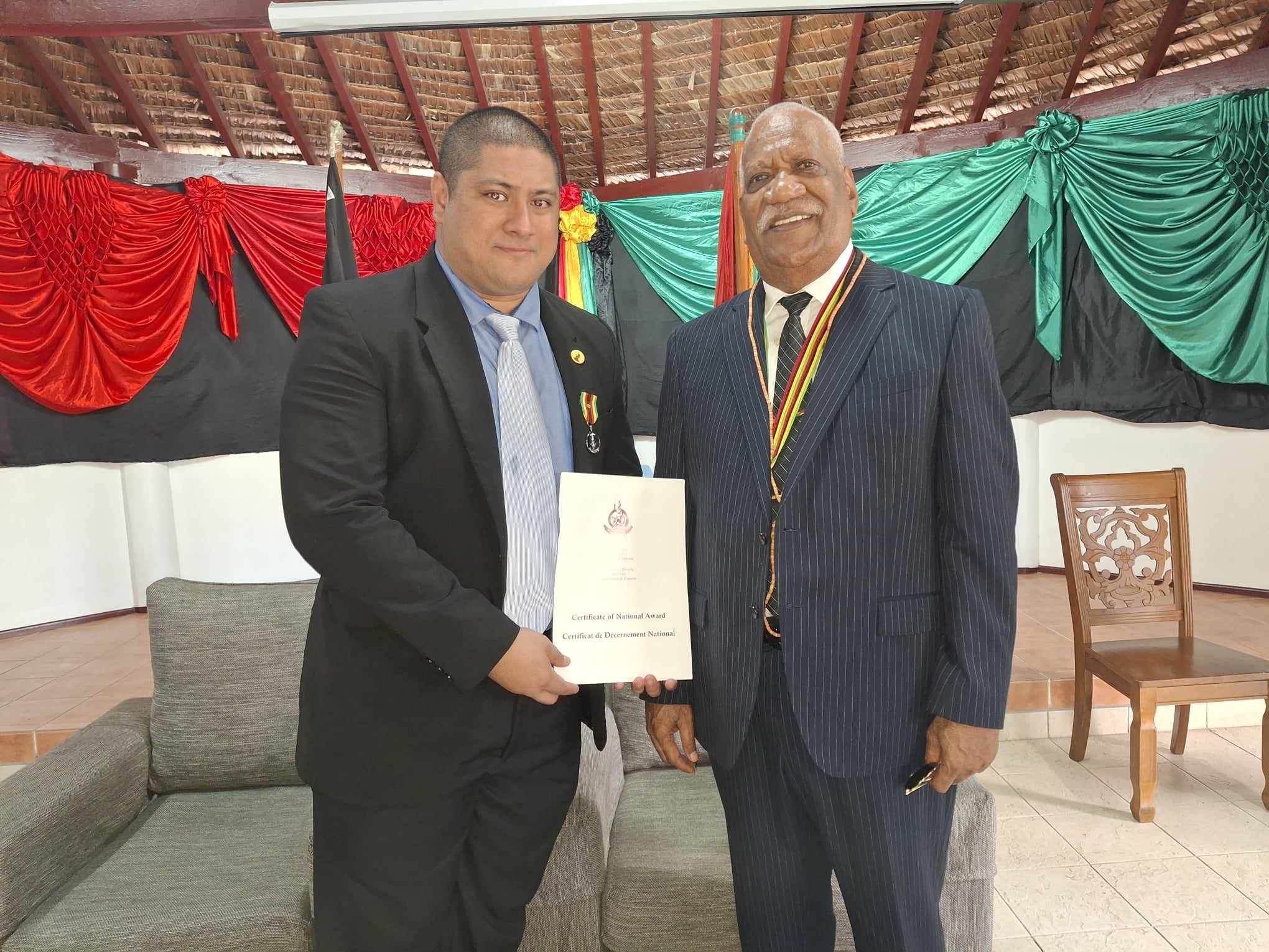 Broderick Mervyn at the Vanuatu Independence Commemorative Medal ceremony, State House, Port Vila, 2024
